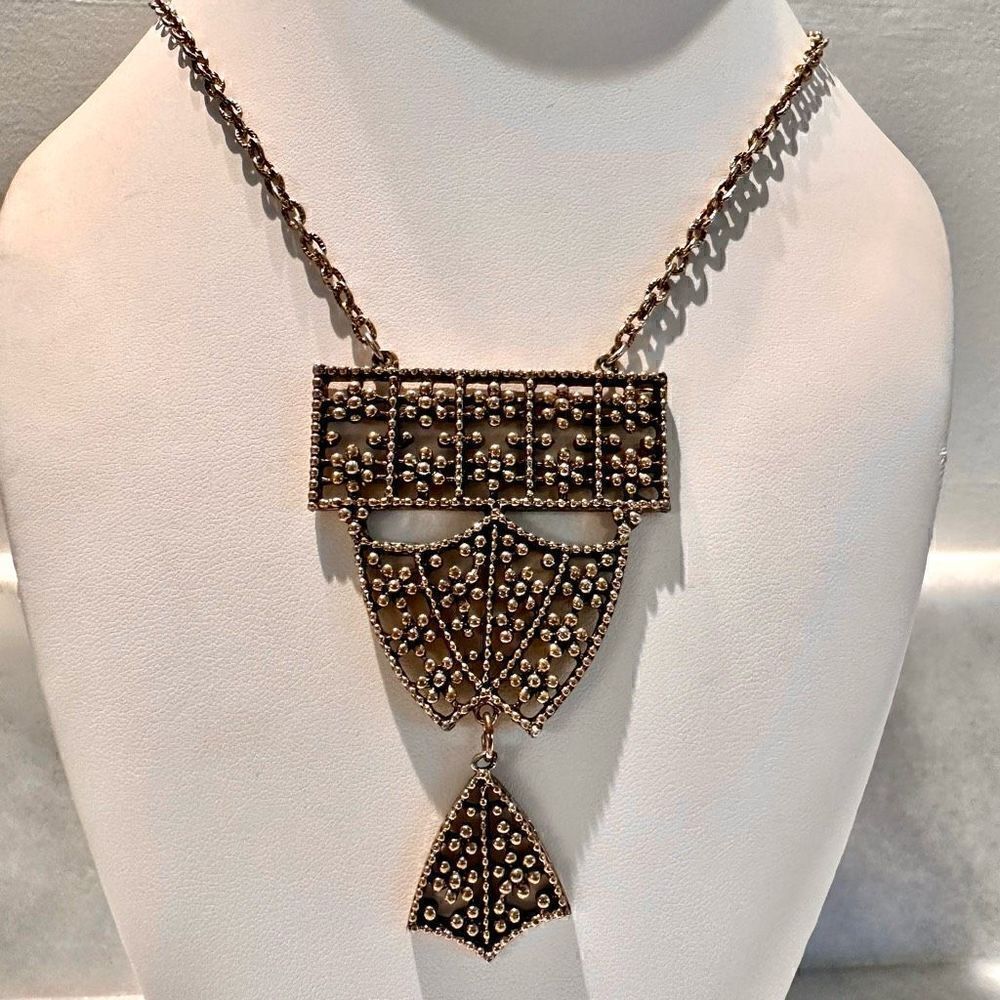 Unbranded Vintage Brass Chain Lace Gold Toned Pendant 25" Statement Necklace